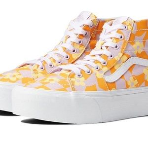 Vans sk8 floral checkerboard platform high top sneakers pink orange yellow 7.5